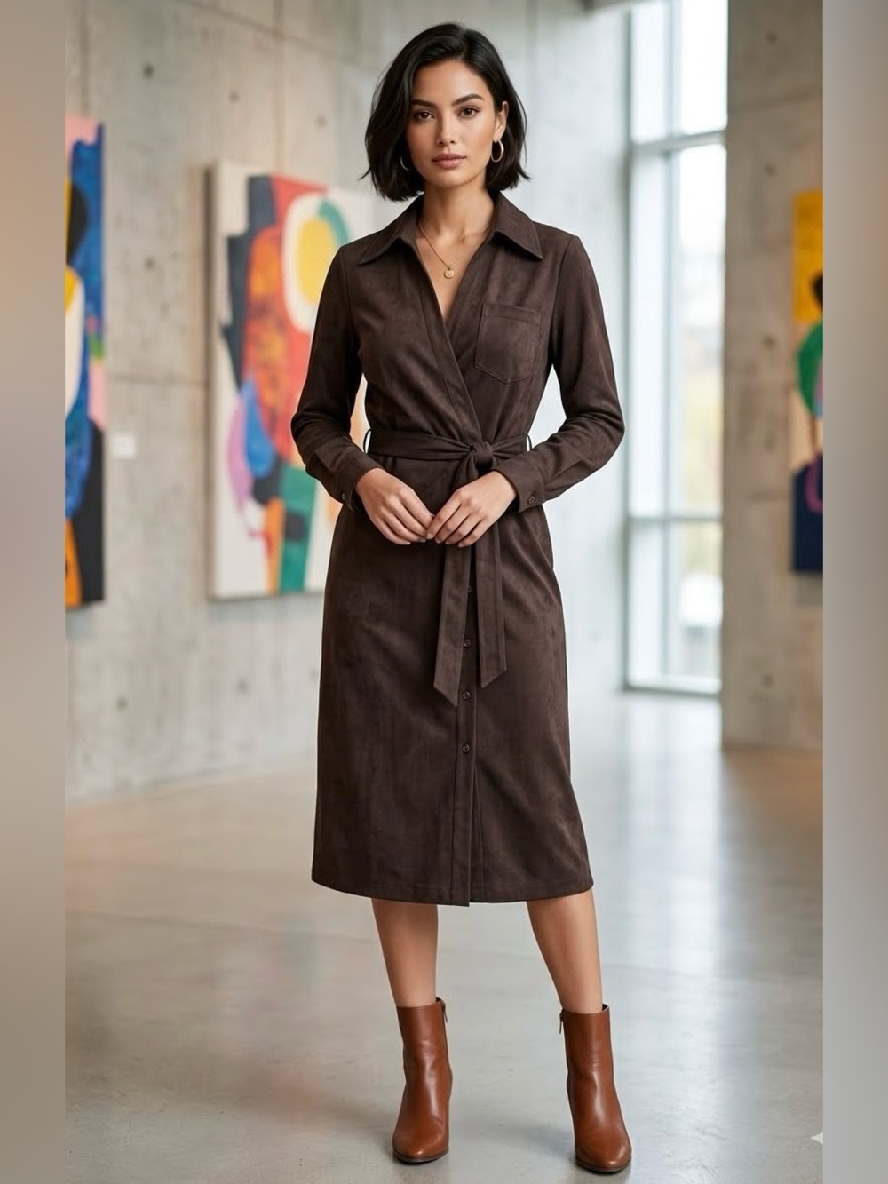 Banana Republic Vegan Suede Wrap Dress Costa Coffee Brown Belted Midi Sz 6